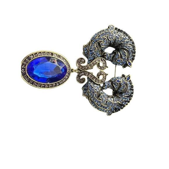 old money glam retro large‎ 4'' double Horse rhinestone State pin brooch 4 x 3'' - Picture 8 of 13